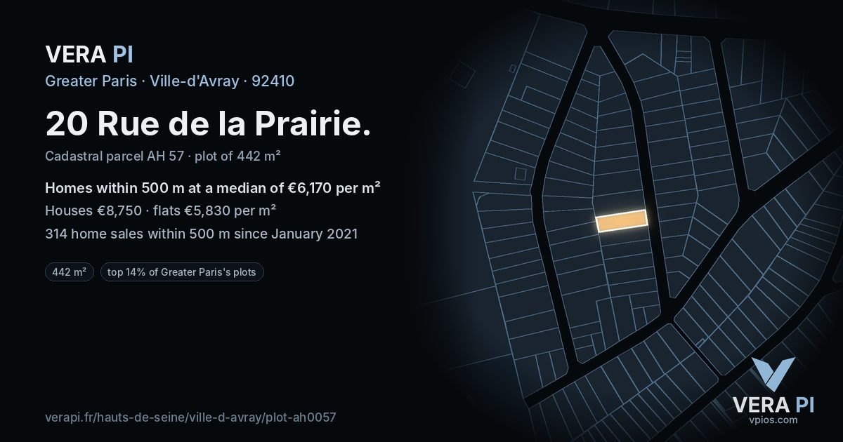 20 Rue de la Prairie, Ville-d'Avray at night – the plot lit, the parcels around coloured by the prices near them