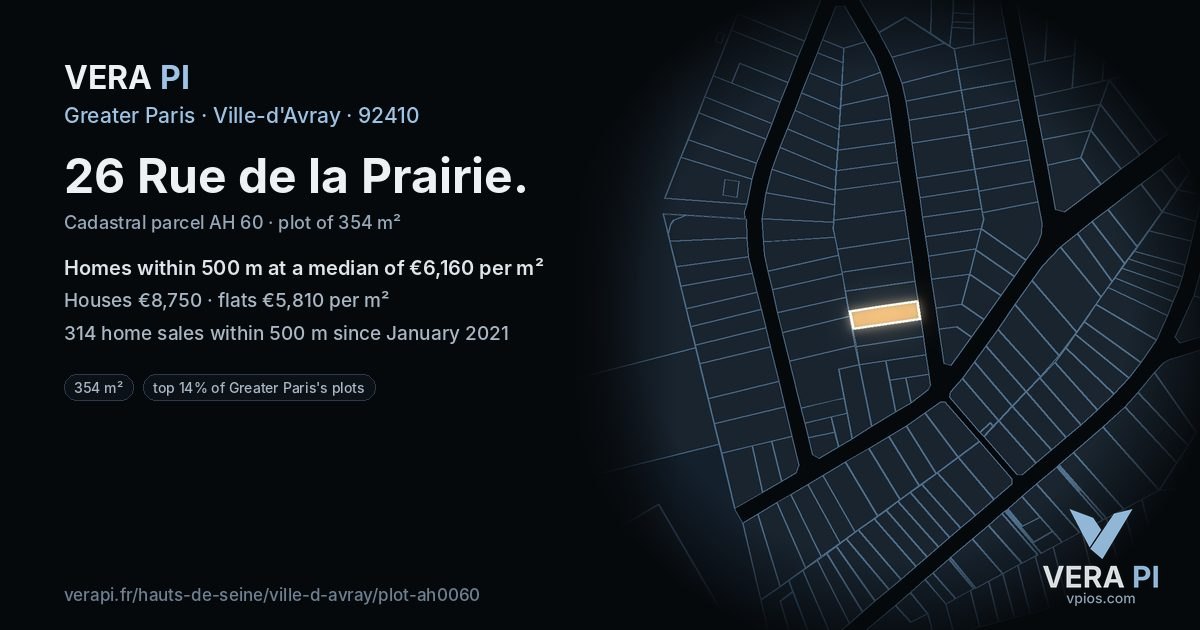 26 Rue de la Prairie, Ville-d'Avray at night – the plot lit, the parcels around coloured by the prices near them