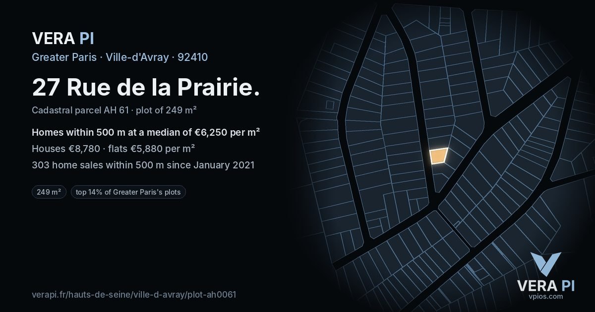 27 Rue de la Prairie, Ville-d'Avray at night – the plot lit, the parcels around coloured by the prices near them