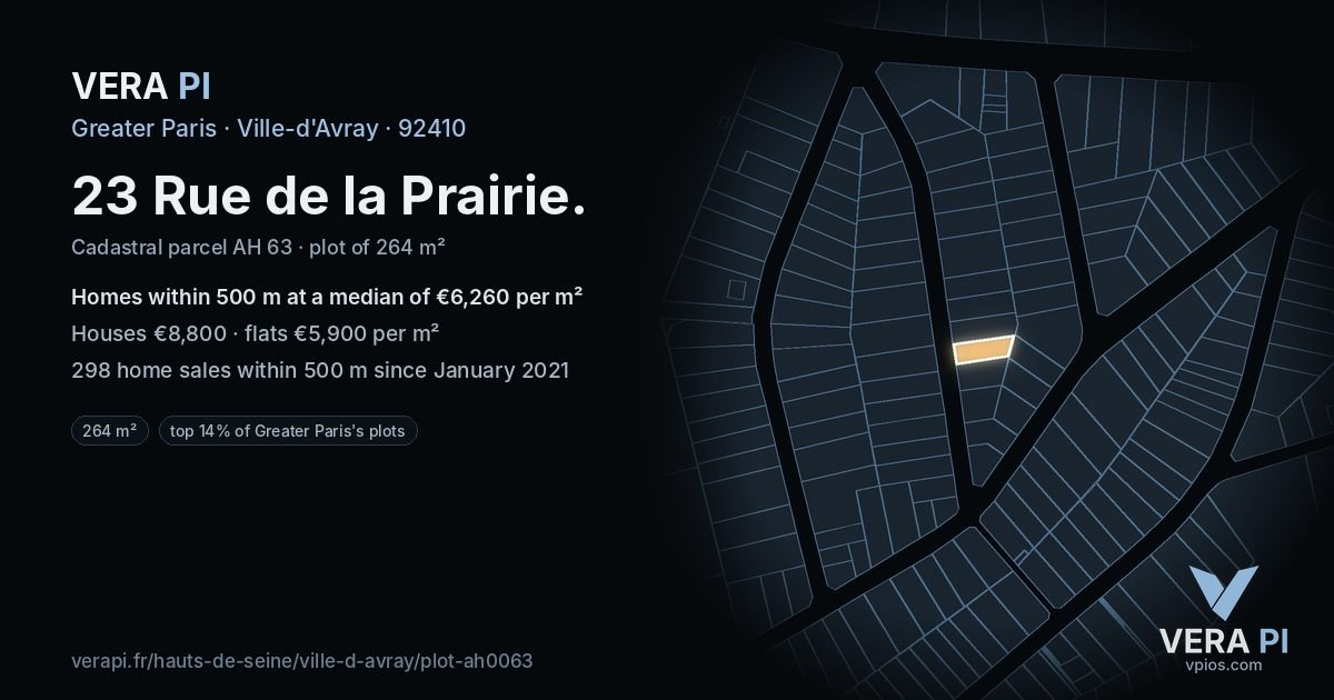 23 Rue de la Prairie, Ville-d'Avray at night – the plot lit, the parcels around coloured by the prices near them