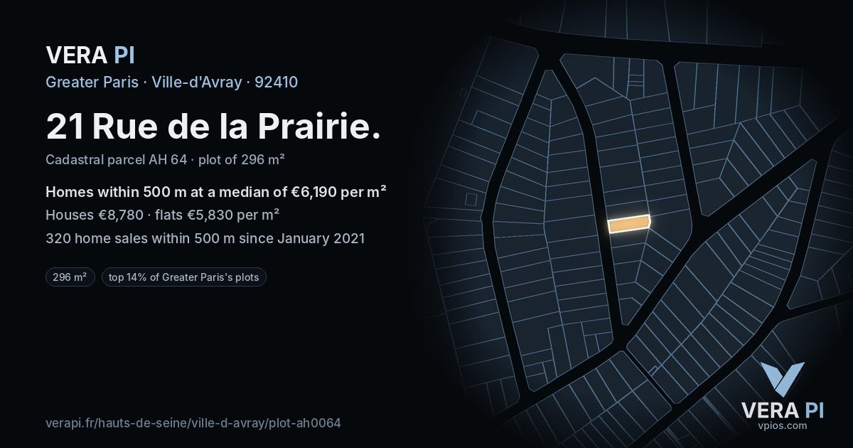 21 Rue de la Prairie, Ville-d'Avray at night – the plot lit, the parcels around coloured by the prices near them
