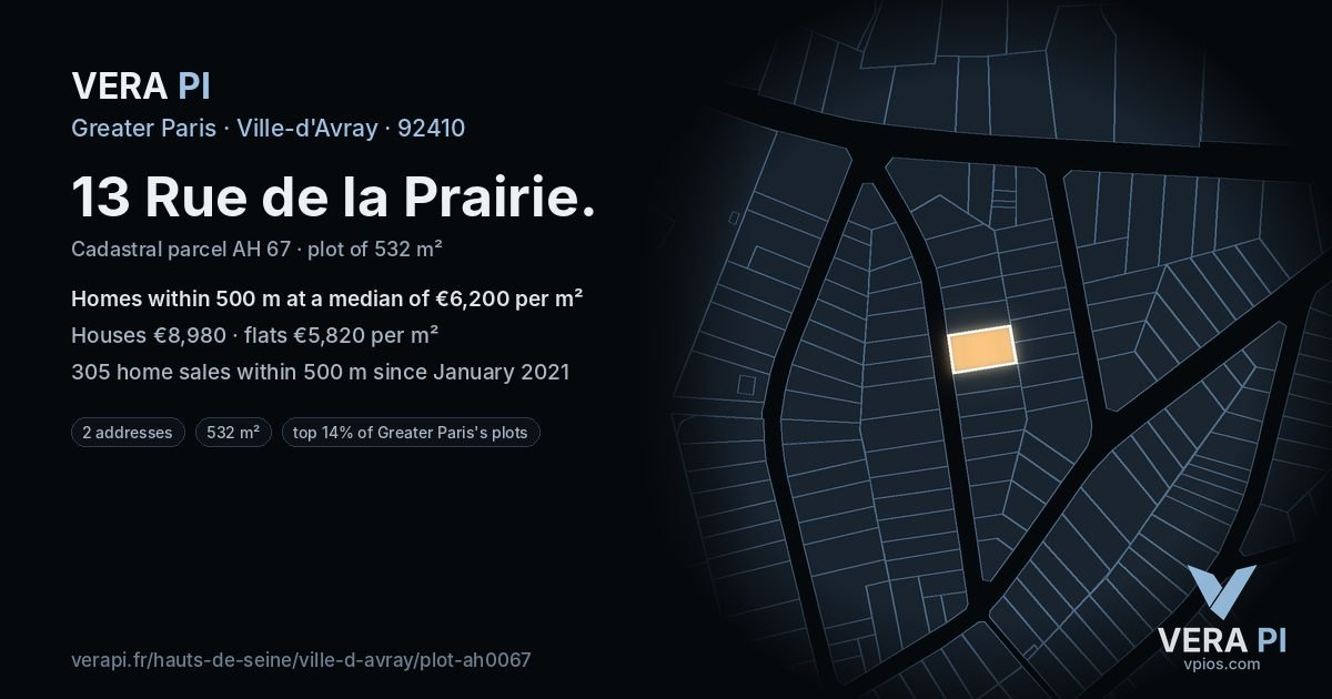 13 Rue de la Prairie, Ville-d'Avray at night – the plot lit, the parcels around coloured by the prices near them