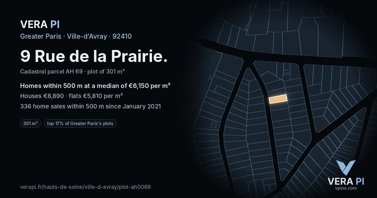 9 Rue de la Prairie, Ville-d'Avray at night – the plot lit, the parcels around coloured by the prices near them