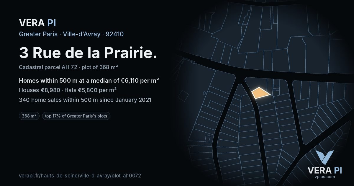 3 Rue de la Prairie, Ville-d'Avray at night – the plot lit, the parcels around coloured by the prices near them