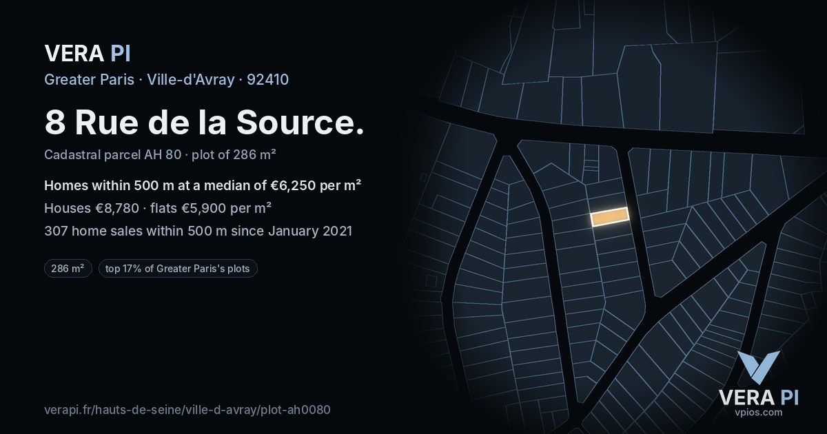 8 Rue de la Source, Ville-d'Avray at night – the plot lit, the parcels around coloured by the prices near them