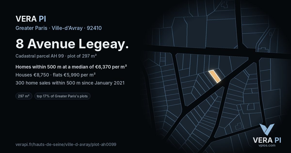 8 Avenue Legeay, Ville-d'Avray at night – the plot lit, the parcels around coloured by the prices near them