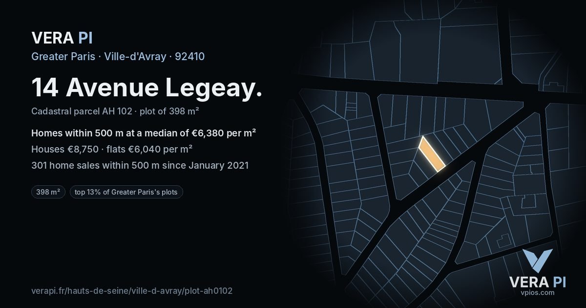 14 Avenue Legeay, Ville-d'Avray at night – the plot lit, the parcels around coloured by the prices near them