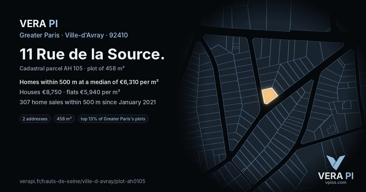 11 Rue de la Source, Ville-d'Avray at night – the plot lit, the parcels around coloured by the prices near them