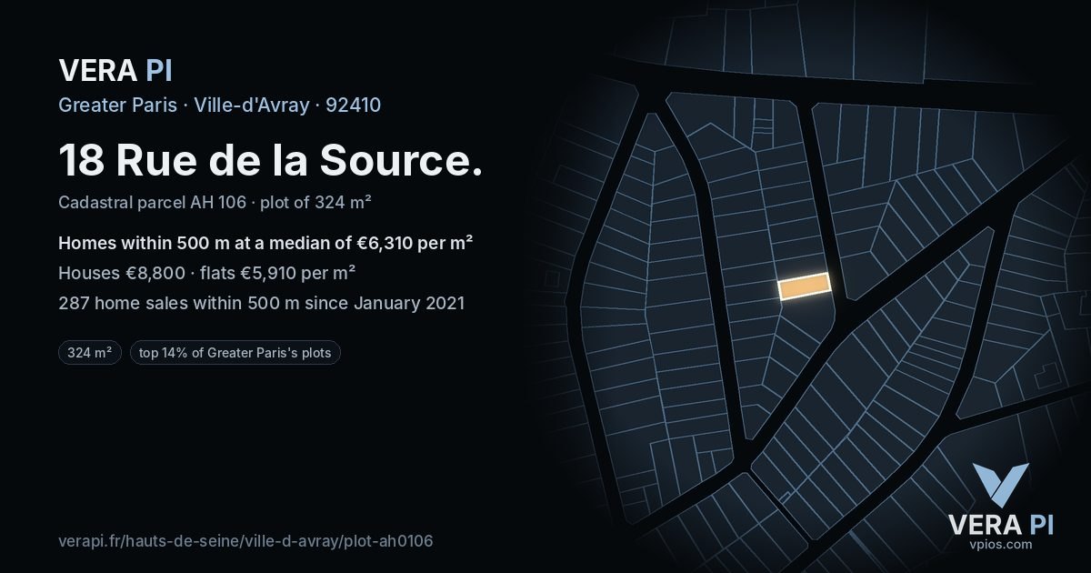 18 Rue de la Source, Ville-d'Avray at night – the plot lit, the parcels around coloured by the prices near them