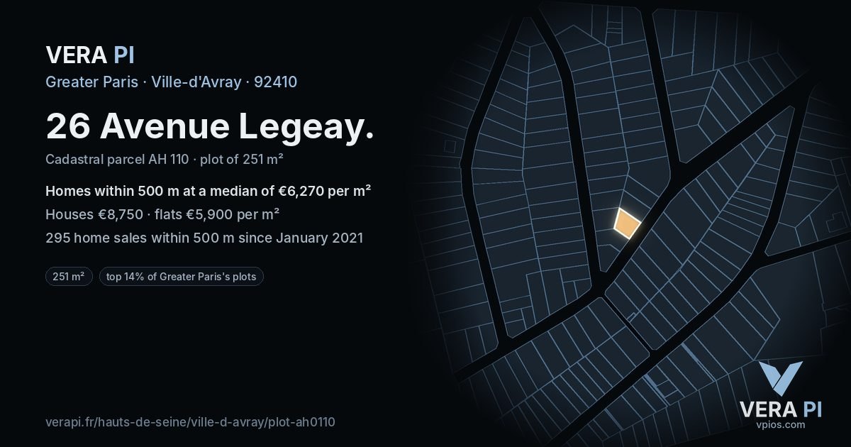 26 Avenue Legeay, Ville-d'Avray at night – the plot lit, the parcels around coloured by the prices near them