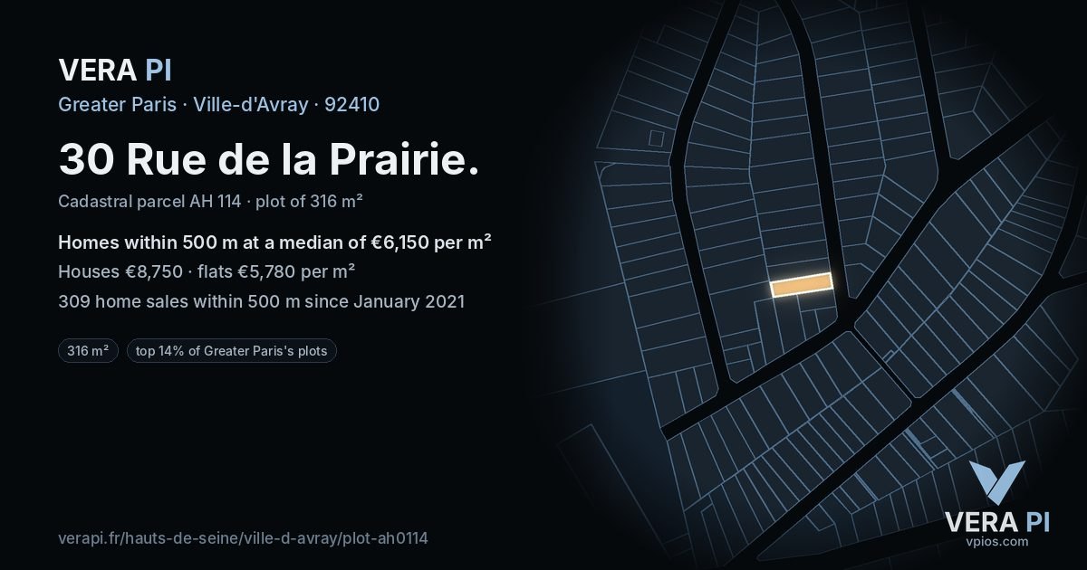 30 Rue de la Prairie, Ville-d'Avray at night – the plot lit, the parcels around coloured by the prices near them