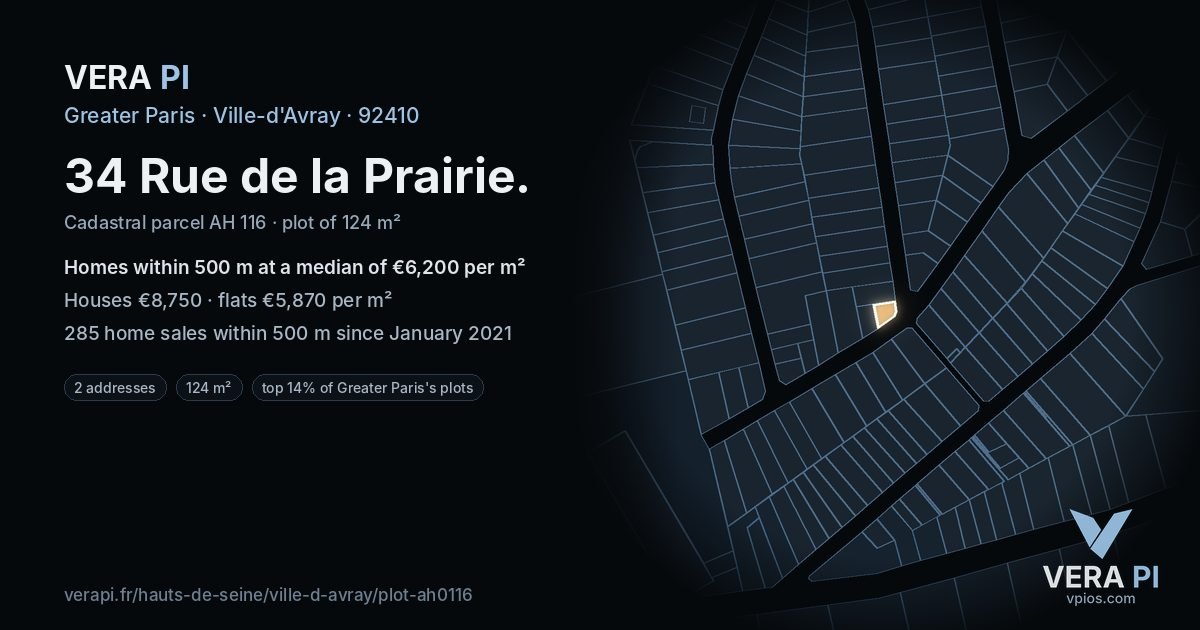 34 Rue de la Prairie, Ville-d'Avray at night – the plot lit, the parcels around coloured by the prices near them