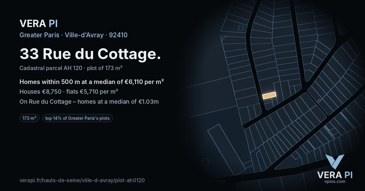 33 Rue du Cottage, Ville-d'Avray at night – the plot lit, the parcels around coloured by the prices near them