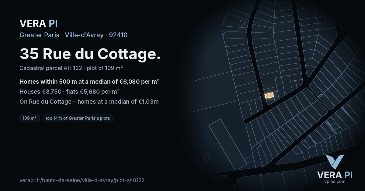 35 Rue du Cottage, Ville-d'Avray at night – the plot lit, the parcels around coloured by the prices near them