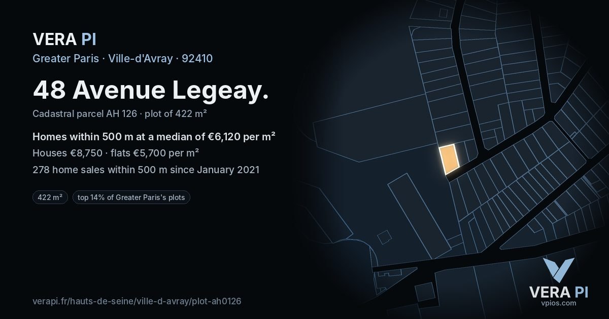 48 Avenue Legeay, Ville-d'Avray at night – the plot lit, the parcels around coloured by the prices near them