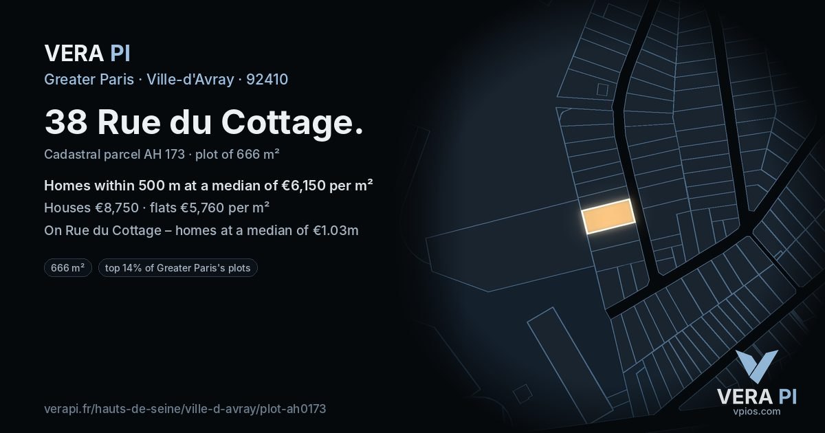 38 Rue du Cottage, Ville-d'Avray at night – the plot lit, the parcels around coloured by the prices near them