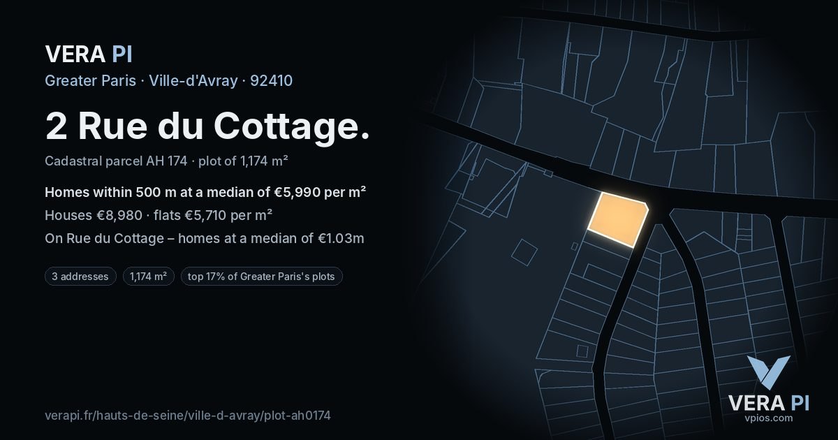 2 Rue du Cottage, Ville-d'Avray at night – the plot lit, the parcels around coloured by the prices near them