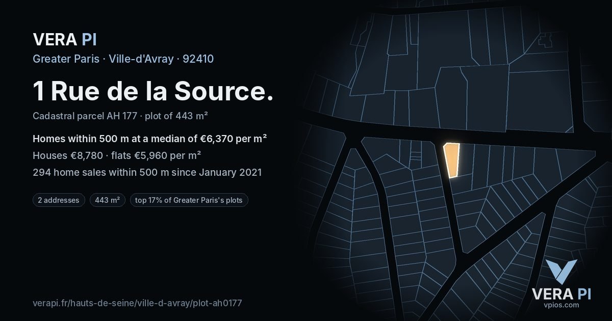 1 Rue de la Source, Ville-d'Avray at night – the plot lit, the parcels around coloured by the prices near them
