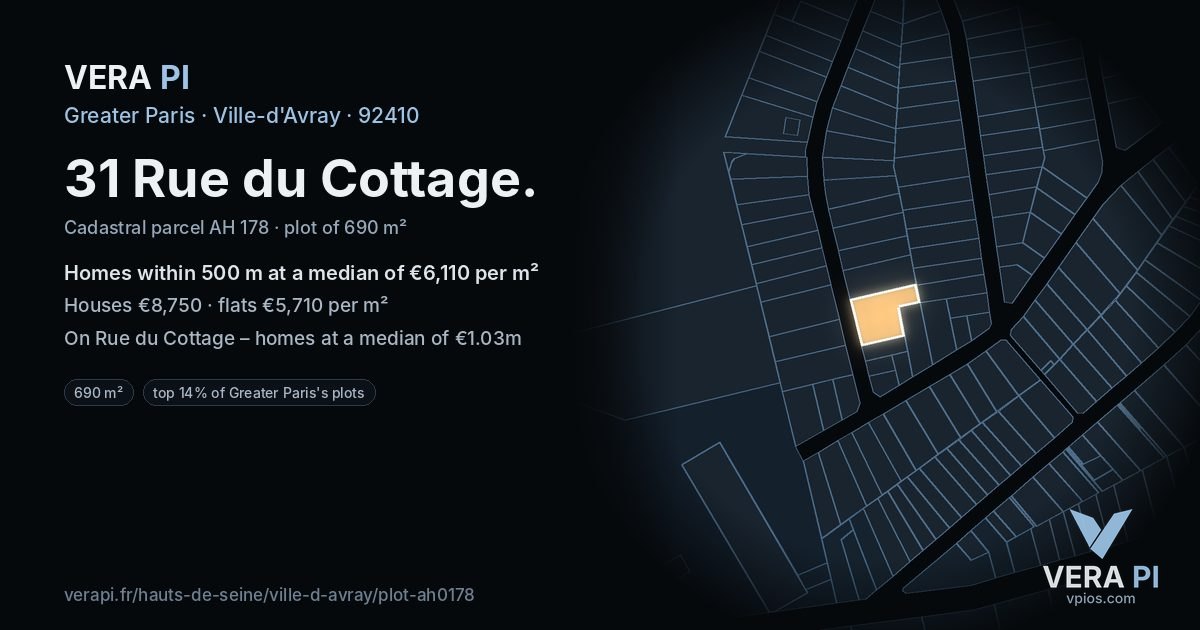 31 Rue du Cottage, Ville-d'Avray at night – the plot lit, the parcels around coloured by the prices near them