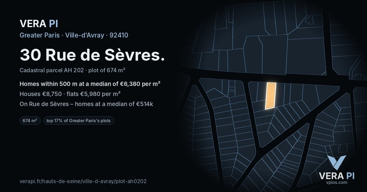 30 Rue de Sèvres, Ville-d'Avray at night – the plot lit, the parcels around coloured by the prices near them