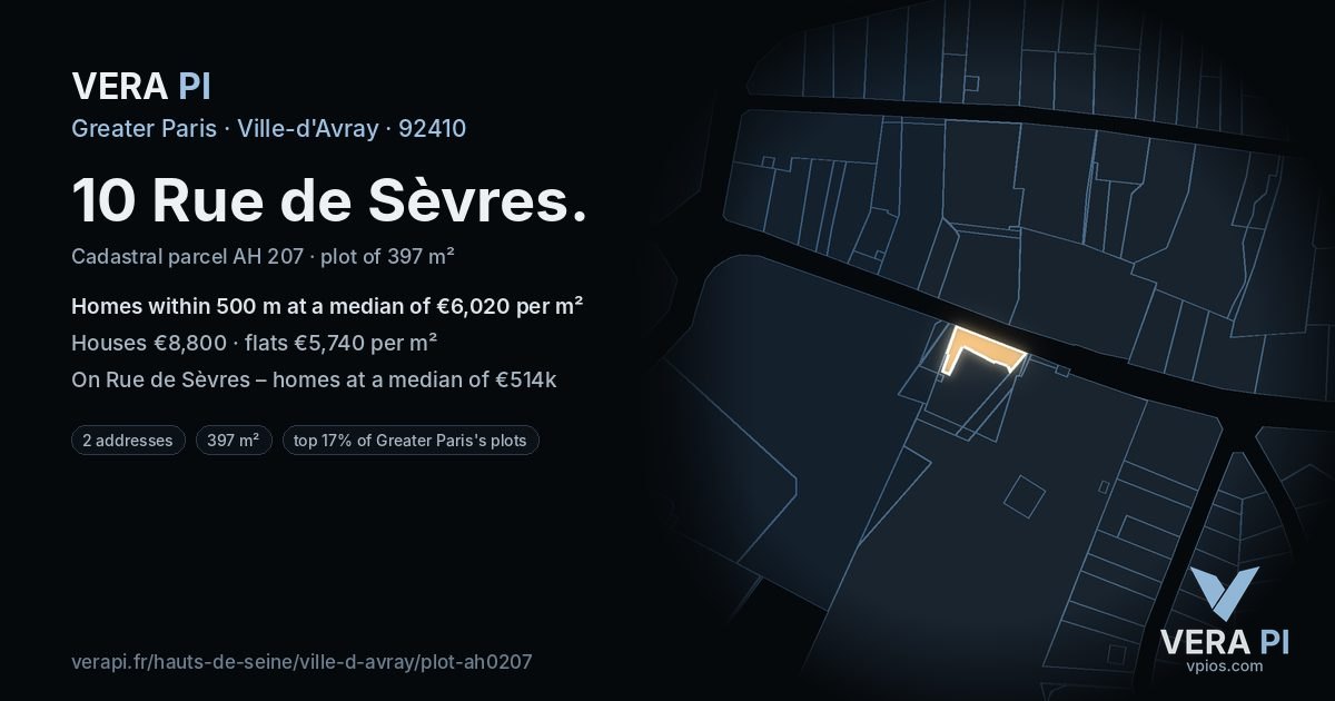 10 Rue de Sèvres, Ville-d'Avray at night – the plot lit, the parcels around coloured by the prices near them