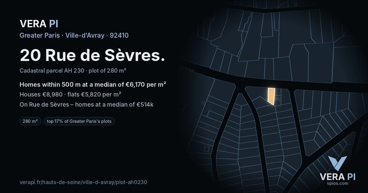 20 Rue de Sèvres, Ville-d'Avray at night – the plot lit, the parcels around coloured by the prices near them
