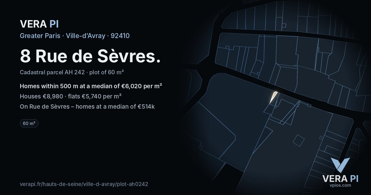 8 Rue de Sèvres, Ville-d'Avray at night – the plot lit, the parcels around coloured by the prices near them