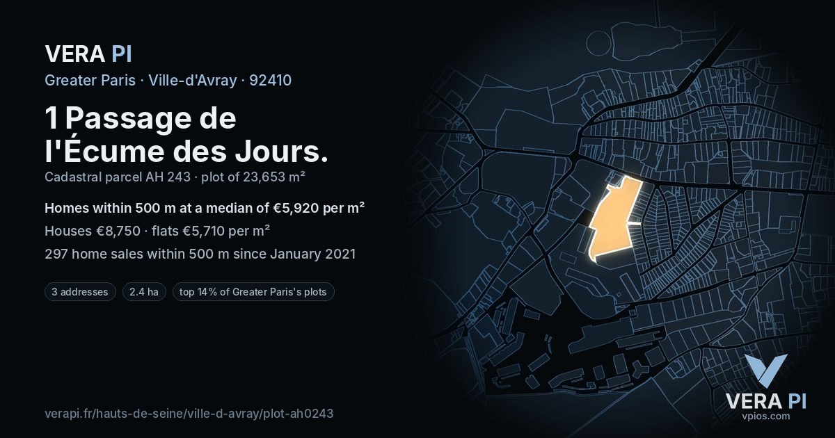 1 Passage de l'Écume des Jours, Ville-d'Avray at night – the plot lit, the parcels around coloured by the prices near them