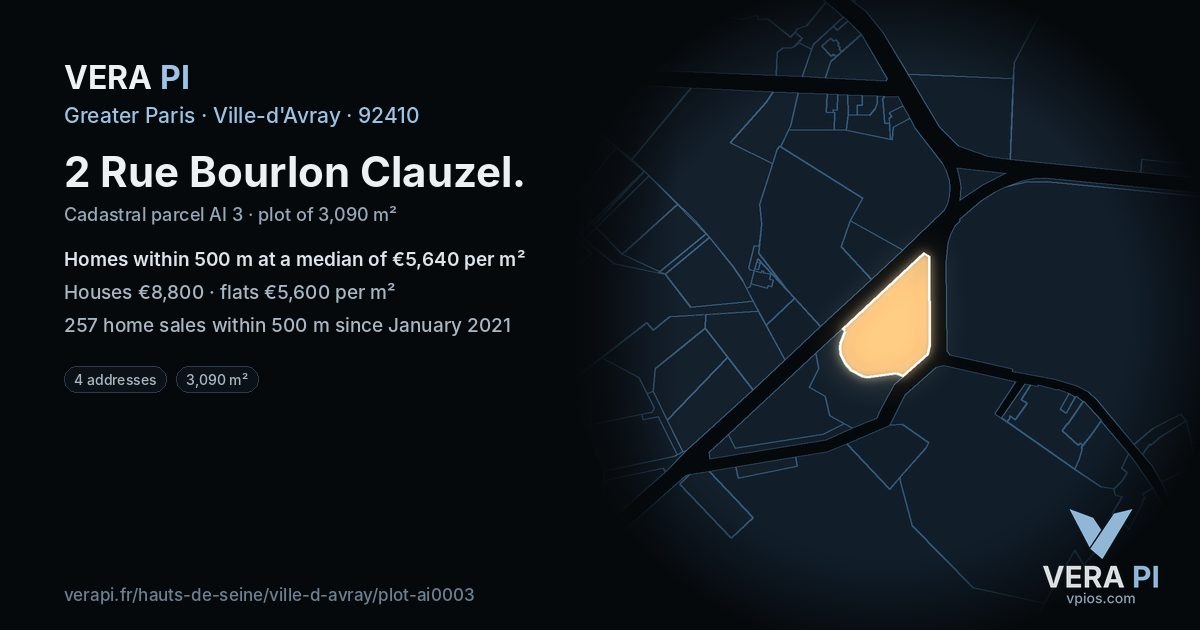 2 Rue Bourlon Clauzel, Ville-d'Avray at night – the plot lit, the parcels around coloured by the prices near them