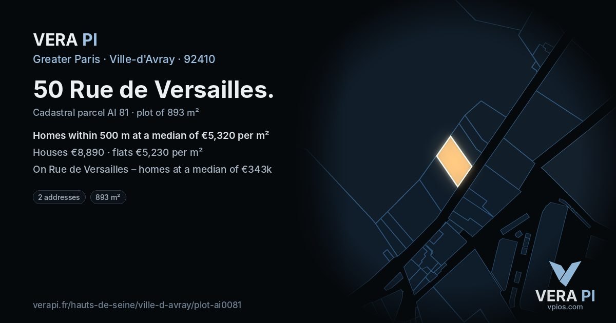 50 Rue de Versailles, Ville-d'Avray at night – the plot lit, the parcels around coloured by the prices near them