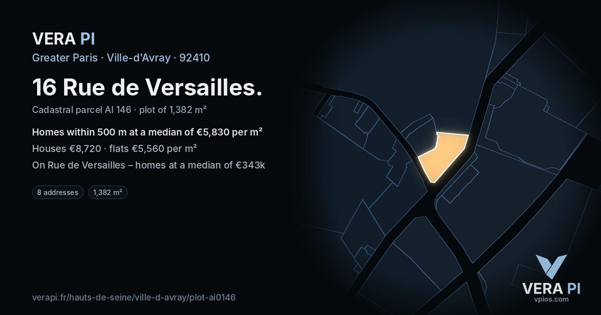 16 Rue de Versailles, Ville-d'Avray at night – the plot lit, the parcels around coloured by the prices near them