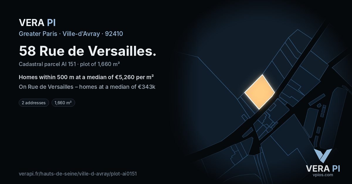 58 Rue de Versailles, Ville-d'Avray at night – the plot lit, the parcels around coloured by the prices near them