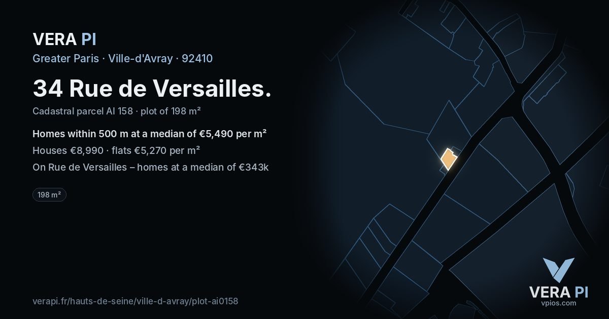 34 Rue de Versailles, Ville-d'Avray at night – the plot lit, the parcels around coloured by the prices near them