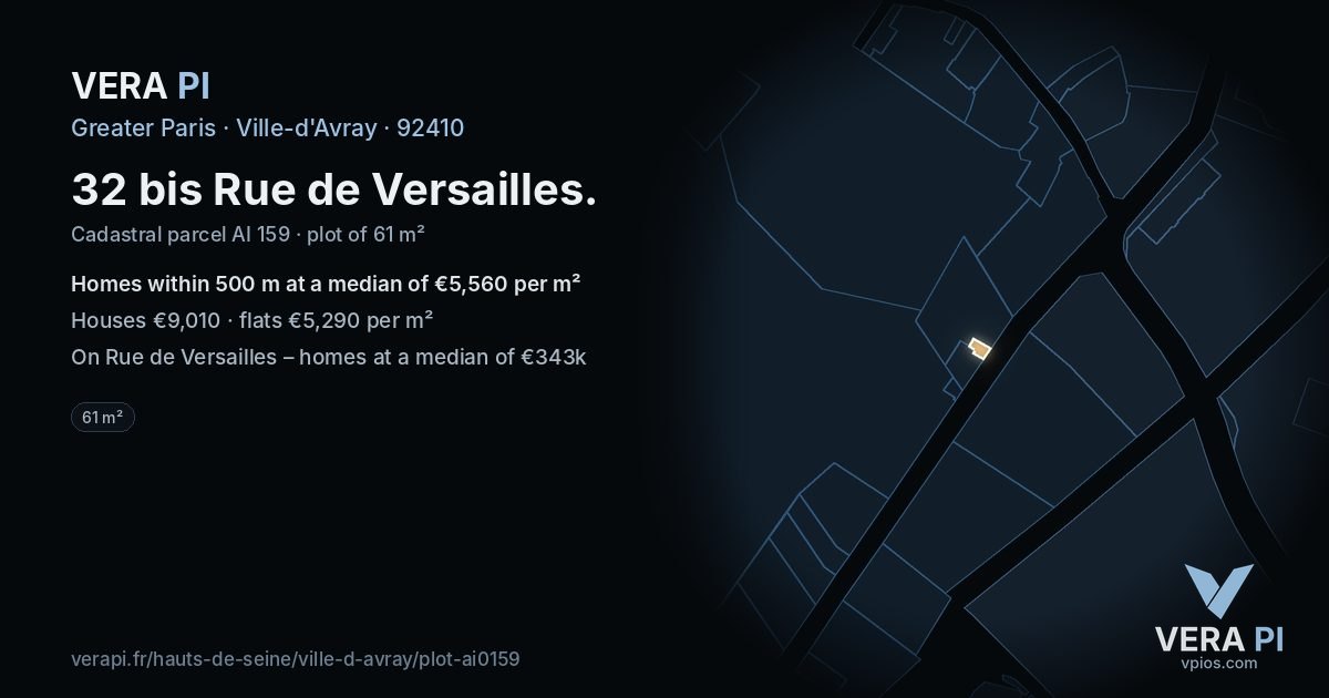 32 bis Rue de Versailles, Ville-d'Avray at night – the plot lit, the parcels around coloured by the prices near them