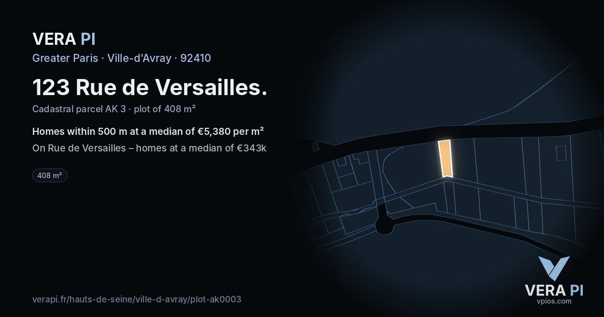 123 Rue de Versailles, Ville-d'Avray at night – the plot lit, the parcels around coloured by the prices near them