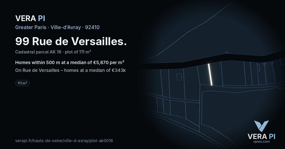 99 Rue de Versailles, Ville-d'Avray at night – the plot lit, the parcels around coloured by the prices near them