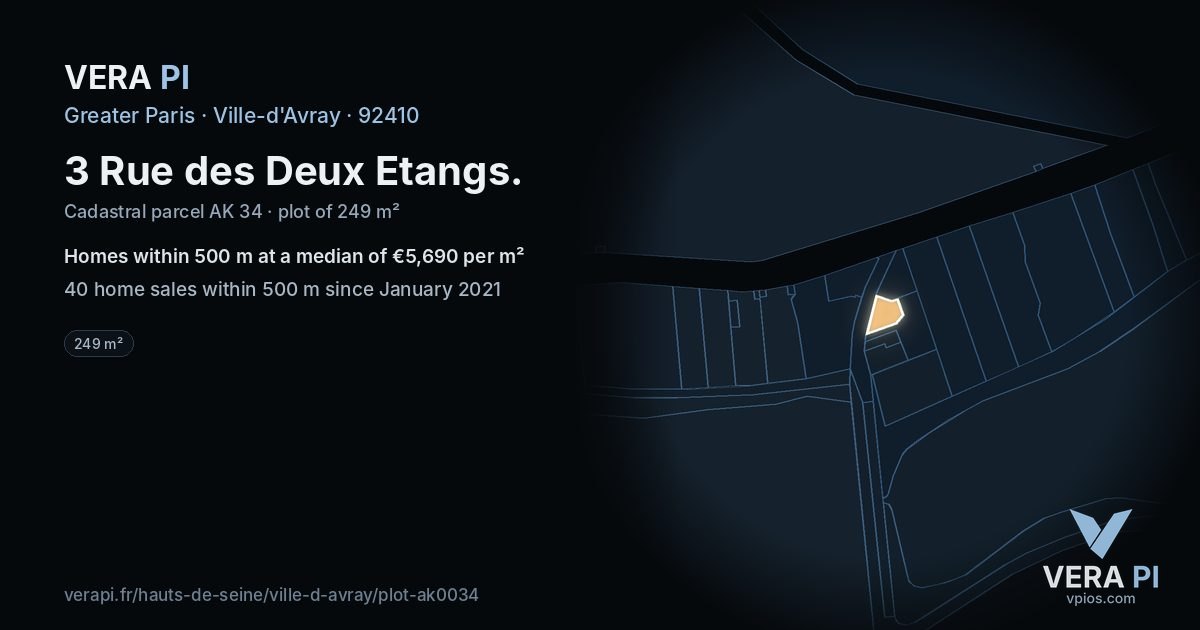 3 Rue des Deux Etangs, Ville-d'Avray at night – the plot lit, the parcels around coloured by the prices near them