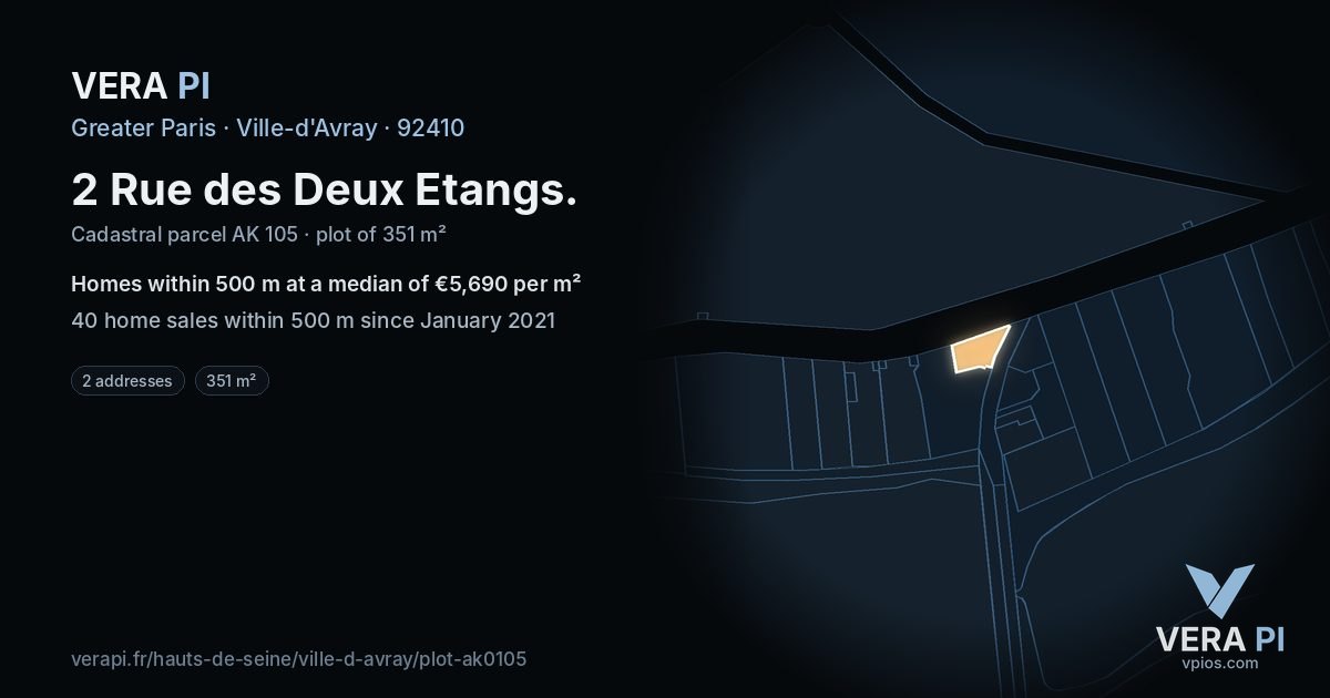 2 Rue des Deux Etangs, Ville-d'Avray at night – the plot lit, the parcels around coloured by the prices near them