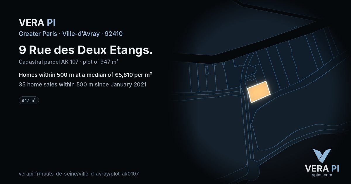 9 Rue des Deux Etangs, Ville-d'Avray at night – the plot lit, the parcels around coloured by the prices near them