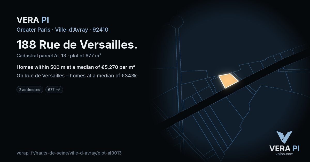 188 Rue de Versailles, Ville-d'Avray at night – the plot lit, the parcels around coloured by the prices near them