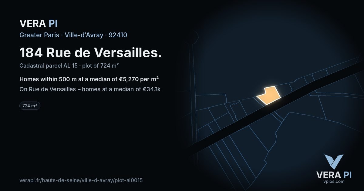 184 Rue de Versailles, Ville-d'Avray at night – the plot lit, the parcels around coloured by the prices near them