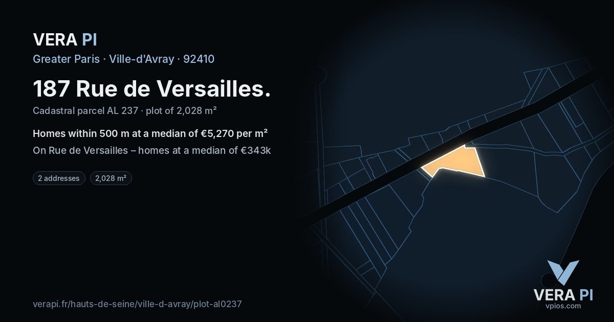 187 Rue de Versailles, Ville-d'Avray at night – the plot lit, the parcels around coloured by the prices near them