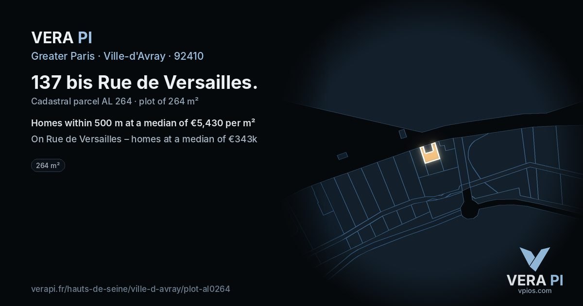 137 bis Rue de Versailles, Ville-d'Avray at night – the plot lit, the parcels around coloured by the prices near them