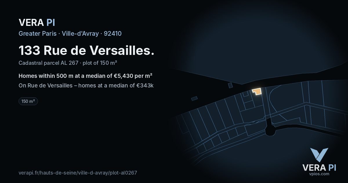 133 Rue de Versailles, Ville-d'Avray at night – the plot lit, the parcels around coloured by the prices near them