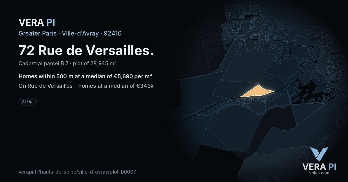 72 Rue de Versailles, Ville-d'Avray at night – the plot lit, the parcels around coloured by the prices near them