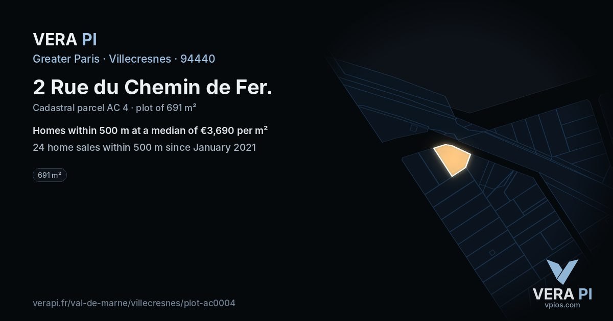 2 Rue du Chemin de Fer, Villecresnes at night – the plot lit, the parcels around coloured by the prices near them