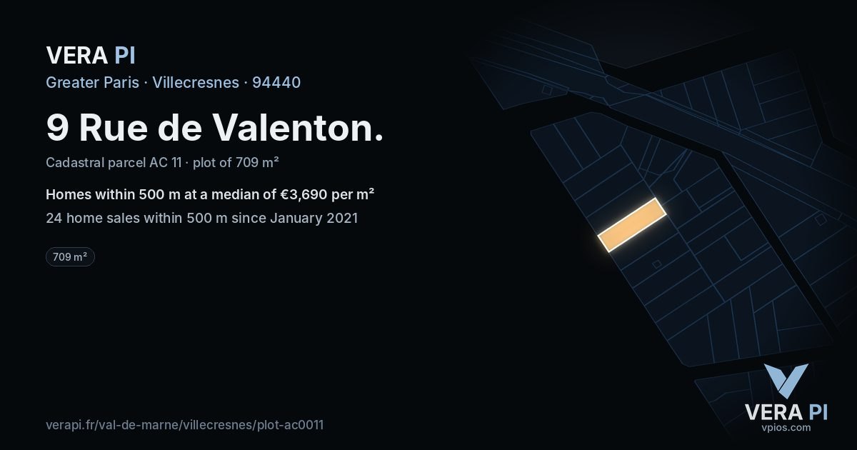 9 Rue de Valenton, Villecresnes at night – the plot lit, the parcels around coloured by the prices near them