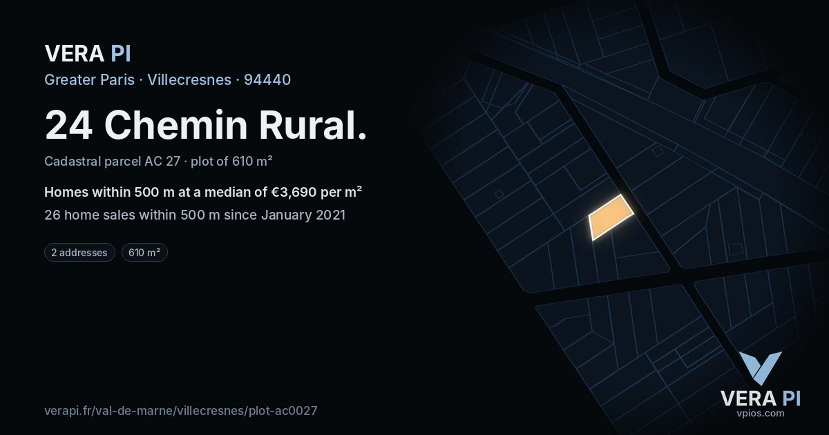 24 Chemin Rural, Villecresnes at night – the plot lit, the parcels around coloured by the prices near them