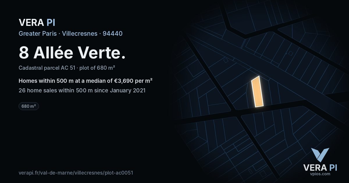8 Allée Verte, Villecresnes at night – the plot lit, the parcels around coloured by the prices near them
