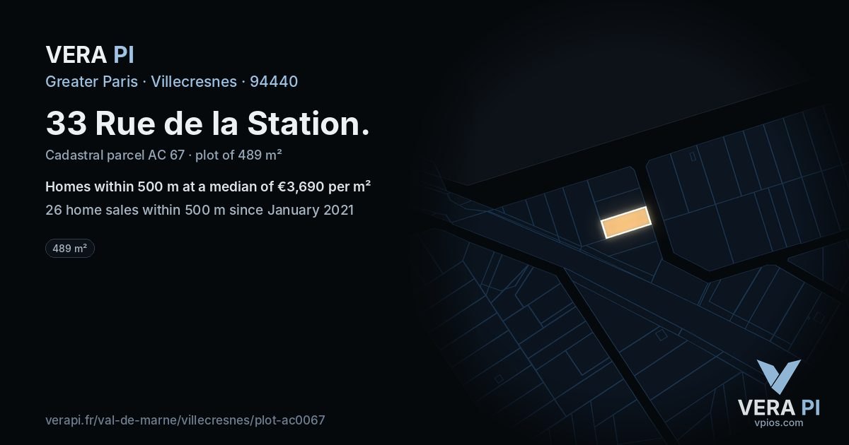 33 Rue de la Station, Villecresnes at night – the plot lit, the parcels around coloured by the prices near them